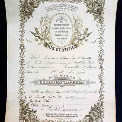 Baptismal certificate form of Margaret Adeline Toye, 1896