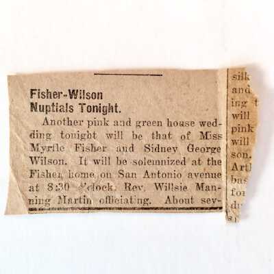 Clipping 'Fisher-Wilson' about wedding of Myrtle Fisher and Sidney Wilson, c. 1916