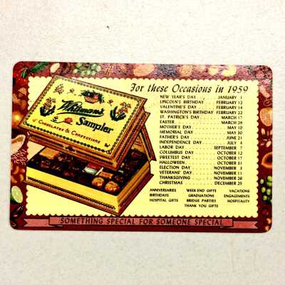 Calendar advertising Whitman's Sampler Chocolates by Alameda Drug Co., 1959