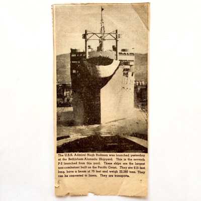 Newspaper cipping of launching of USS Admiral Hugh Rodman, 1945