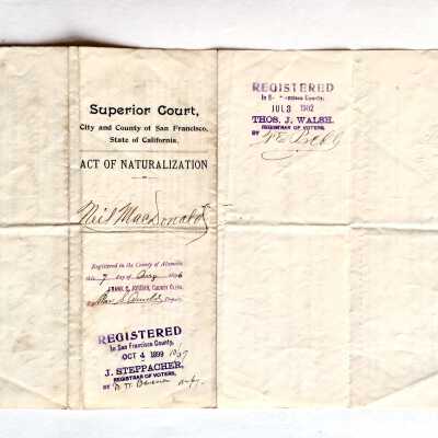 Naturalization form for Neil Macdonald, 1896