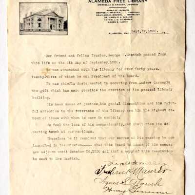 Letter of adjournment in memory of George H. Mastick, Alameda Free Library, 1920