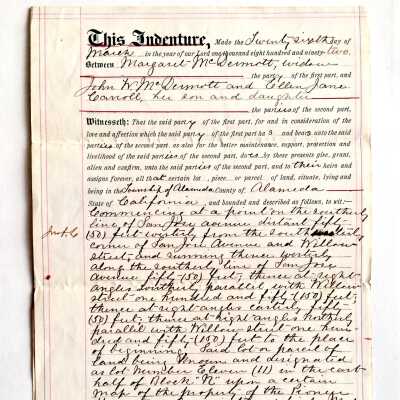 Deed of Gift from Margaret McDermott for 2066 San Jose Ave., 1892