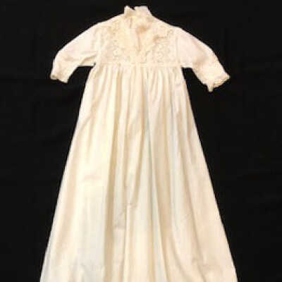 White cotton christening gown with high waisted embroidered bodice, c. 1890s-1900
