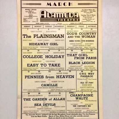 Flyer with list of coming attractions Alameda Theatre, March, c. 1937