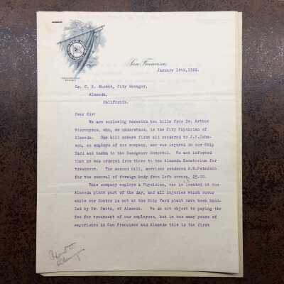 Letter about an injured employee of the Alaska Packers, 1922