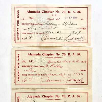 Receipt dues paid for Alameda Chapter no. 70 for E. Willis, 1909-1911