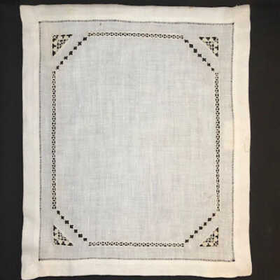 Rectangular white linen doily with tatting and crochet work, c. 1920