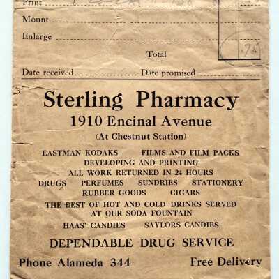 Photo envelope advertising Sterling Pharmacy, 1930