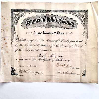 Evening School Certificate awarded to Anne Waddell Deas, for bookkeeping, 1902