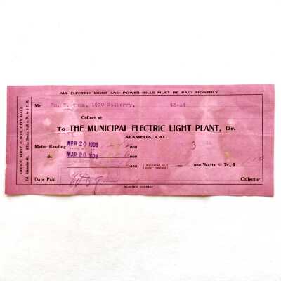 Receipt from the Alameda Electric Light Company for 1900 Mulberry Street, 1909