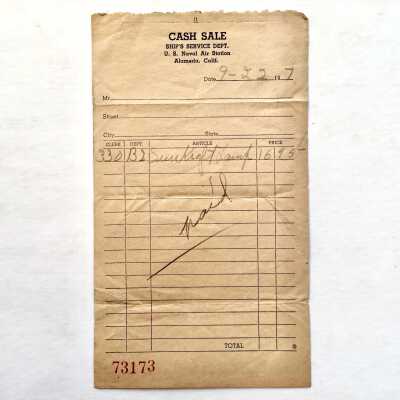 Receipt for a lamp from the Naval Air Station's Ships Service Department, 1947
