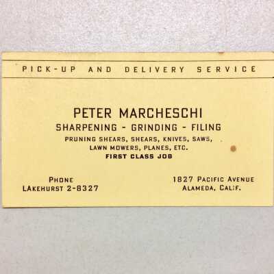 Business card for Peter Marcheschi of 1827 Pacific Ave, prior to 1964