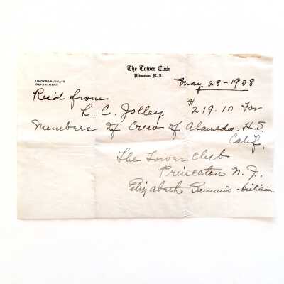 Receipt for Payment of Expenses at the Tower Club, Princeton, NJ, 1938