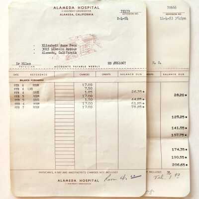 Bills and receipts from Alameda Hospital of the Fenn family, 1953-1954