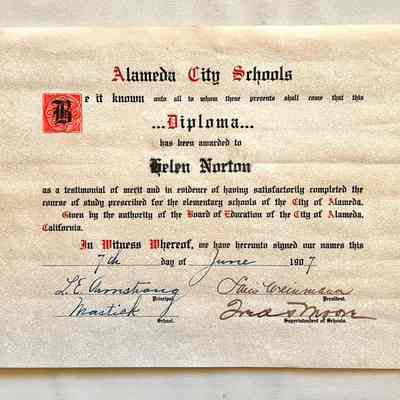 Mastick School Diploma of Helen Norton, 1907