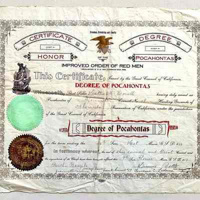 Certificate Pocahontas Degree of Hattie McDonell, Order of Red Men