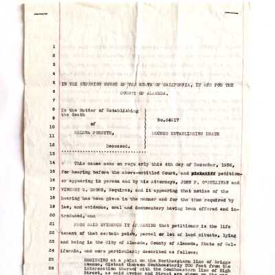 Document etablishing death of Helena Forsyth and her real property, 1937