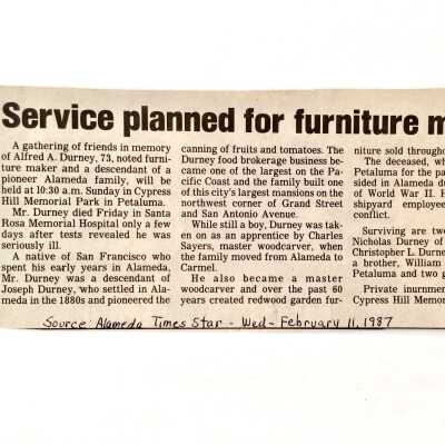 Clipping 'Service Plan for Furniture Maker' about death of Alfred A. Durney, 1987