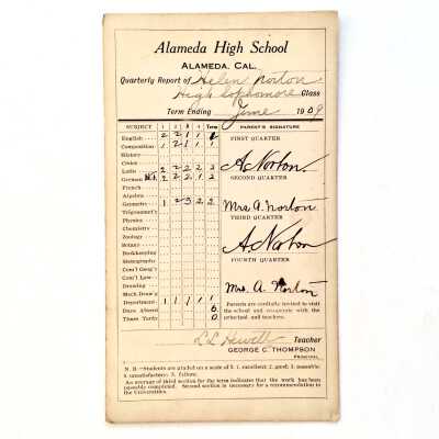 Alameda High School Report Card of Helen Norton, June 1909