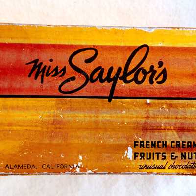 Orange striped Miss Saylor's Candy Box, before 1970