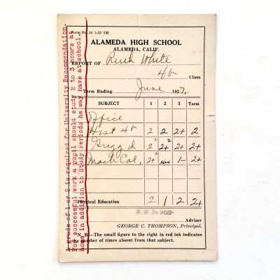 Report Card Ruth White, Alameda High School, June 1927
