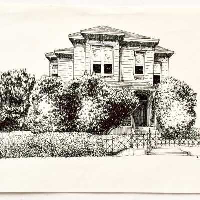 Photo of drawing by B. Compton of facade of 1523 Willow Street, c. 1970s