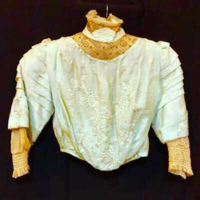 Blue Japanese silk high neck blouse with lace and embroidery, 1907-1912