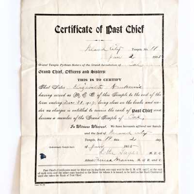 Certificate Past Chief Pythian Lodge, 1915