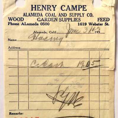 Coal Bill Alameda Coal & Supply Co, 1939