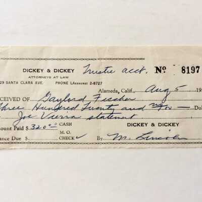 Receipt to Gaylord Fischer, from Dickey & Dickey, Attorneys-at-Law, 1957