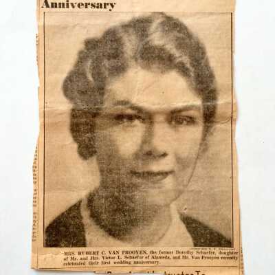Clipping 'Celebrates First Wedding Anniversary' of Mr. and Mrs. Schaefer, early 1930s