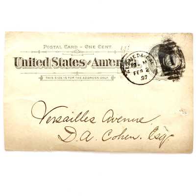 Postcard from City, addressed to D. A. Cohen, Esq, regarding opening of Versailles Ave, 1897