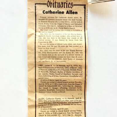 Catherine Allen Obituary Clipping, Alameda Times Star, 1976