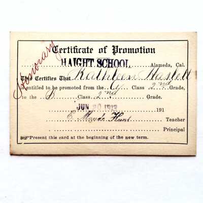 Certificate of promotion A class 2nd grade to B class 2nd grade, Kathleen Haslett, 1913