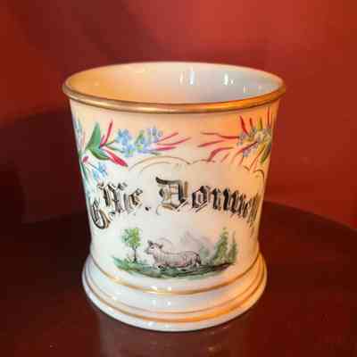 Shaving mug with pastoral scene of the McDonell family, c. 1890s
