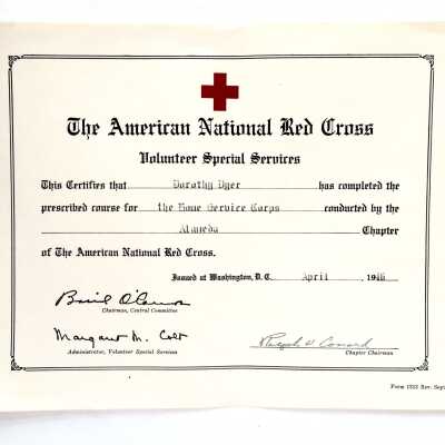 Red Cross Certificate of Merit for volunteer work awarded Dorothy Dyer, 1946