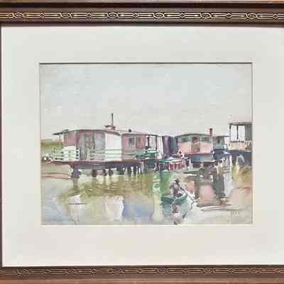 Watercolor painting 'Alameda House Boats', by William R. Cameron, 1933