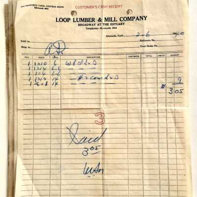 Loop Lumber And Mill Co., receipts of sales, 1930s-1940