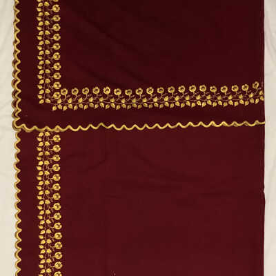 Wine colored wool throw with scalloped gold machine embroidery edge, c. 1900