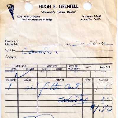 Receipt for an oil filter from Hugh B. Grenfell, Hudson Dealers, 1950