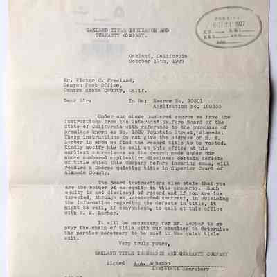 Typed letter and Conveyance of Title re 1329 Fountain Street, 1927
