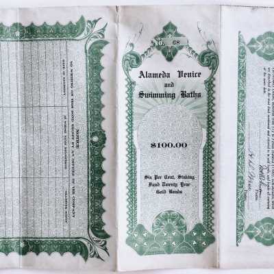 Stock Certificate and coupons for Alameda Venice and Swimming Baths, Inc., 1914