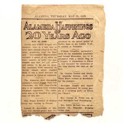 Times Star Clipping 'Alameda Happenings of 20 Years Ago', 1928