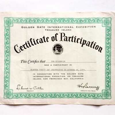 Certificate participation in Alameda County Day, Golden Gate International Exposition, 1939
