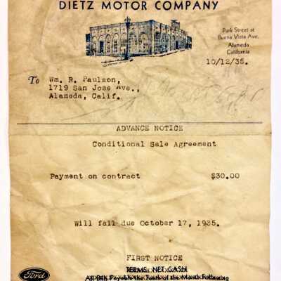 Receipt for services from The Dietz Motor Co., 1935