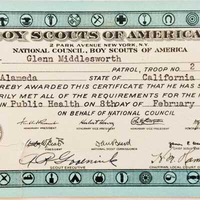Certificate toward Boy Scout Public Health badge, 1935