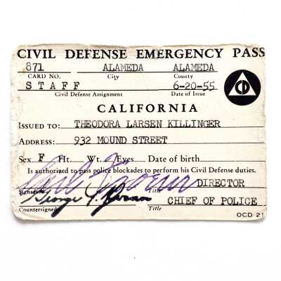 Civil Defense Emergency Pass issued to Theodora Larsen Killinger, 1955