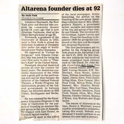 Clipping about death of Valentine Newmark, founder Altarena Playhouse, 1992