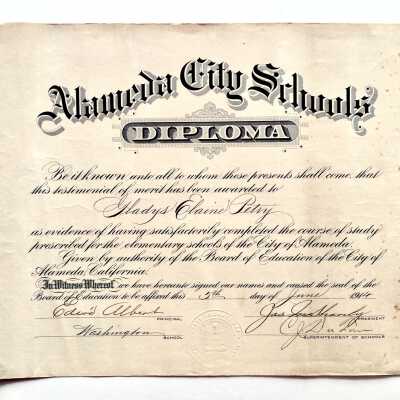 Washington School Diploma awarded Gladys Elaine Petry, 1914